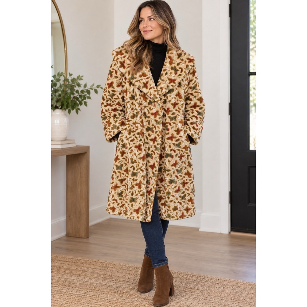 Vintage 1960s Chenille Tapestry Coat Butterfly Floral Carpet Swing Jacket Lined